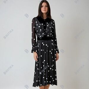 Chic Black Polka Dot Midi Pleated Dress